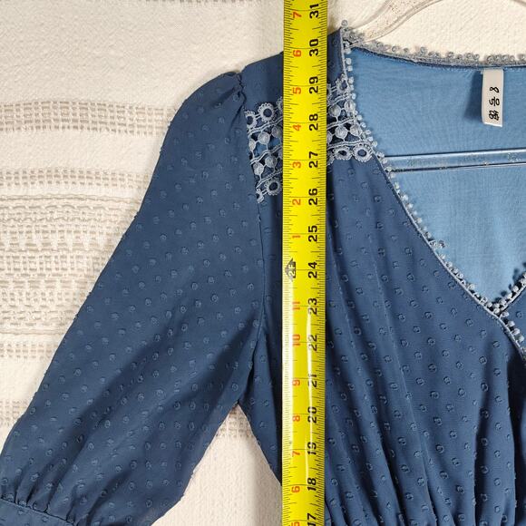 Blue Swiss Dot Mini Dress Lace Trim Wrap Style Elastic Waist Juniors XS Used - Picture 5 of 7